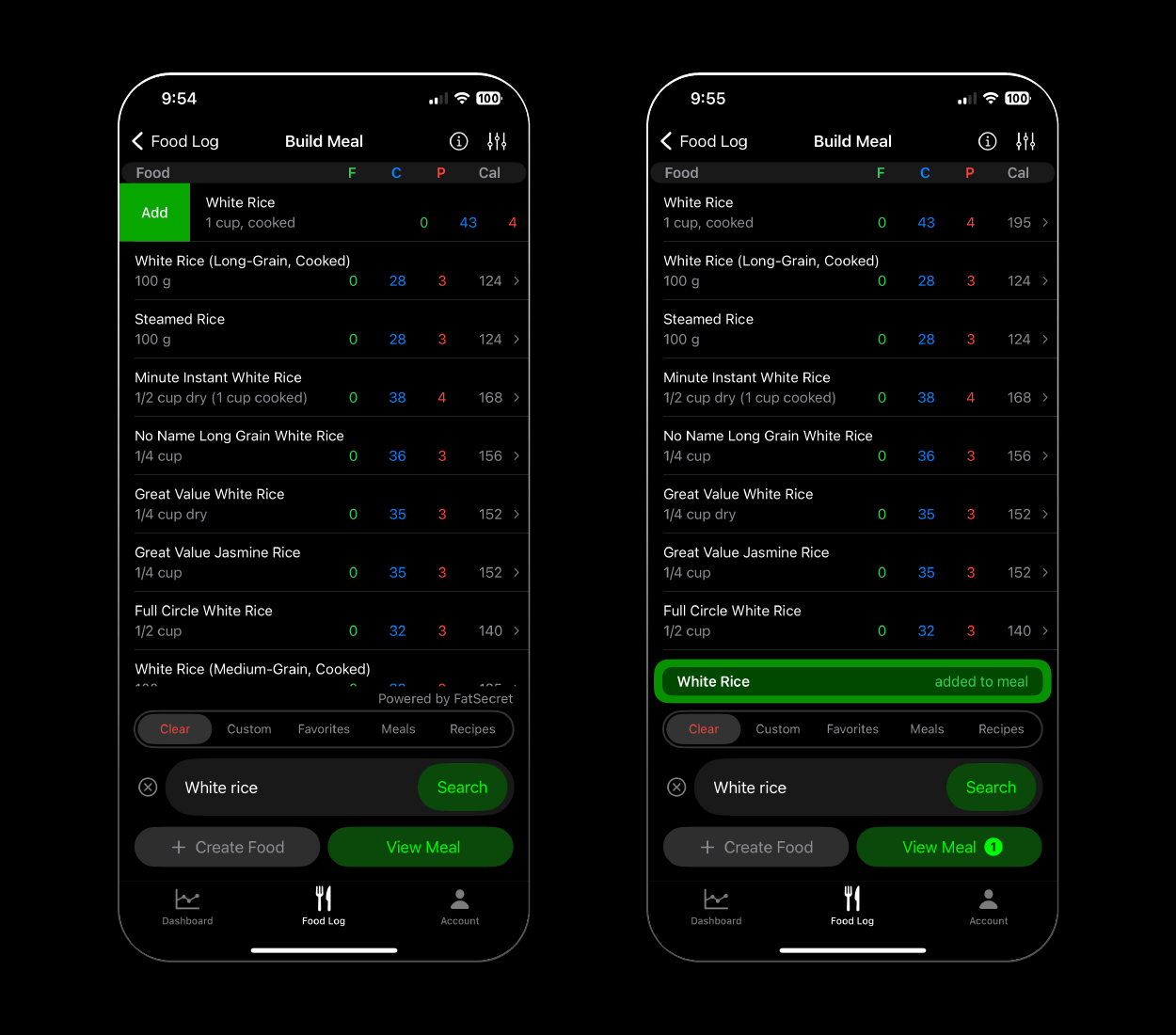 Macro Chief Swipe to Add Food To Meal